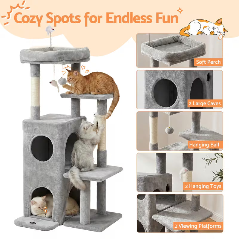 Cat tree with multiple features and two cats on it, labeled 'Cozy Spots for Endless Fun'.