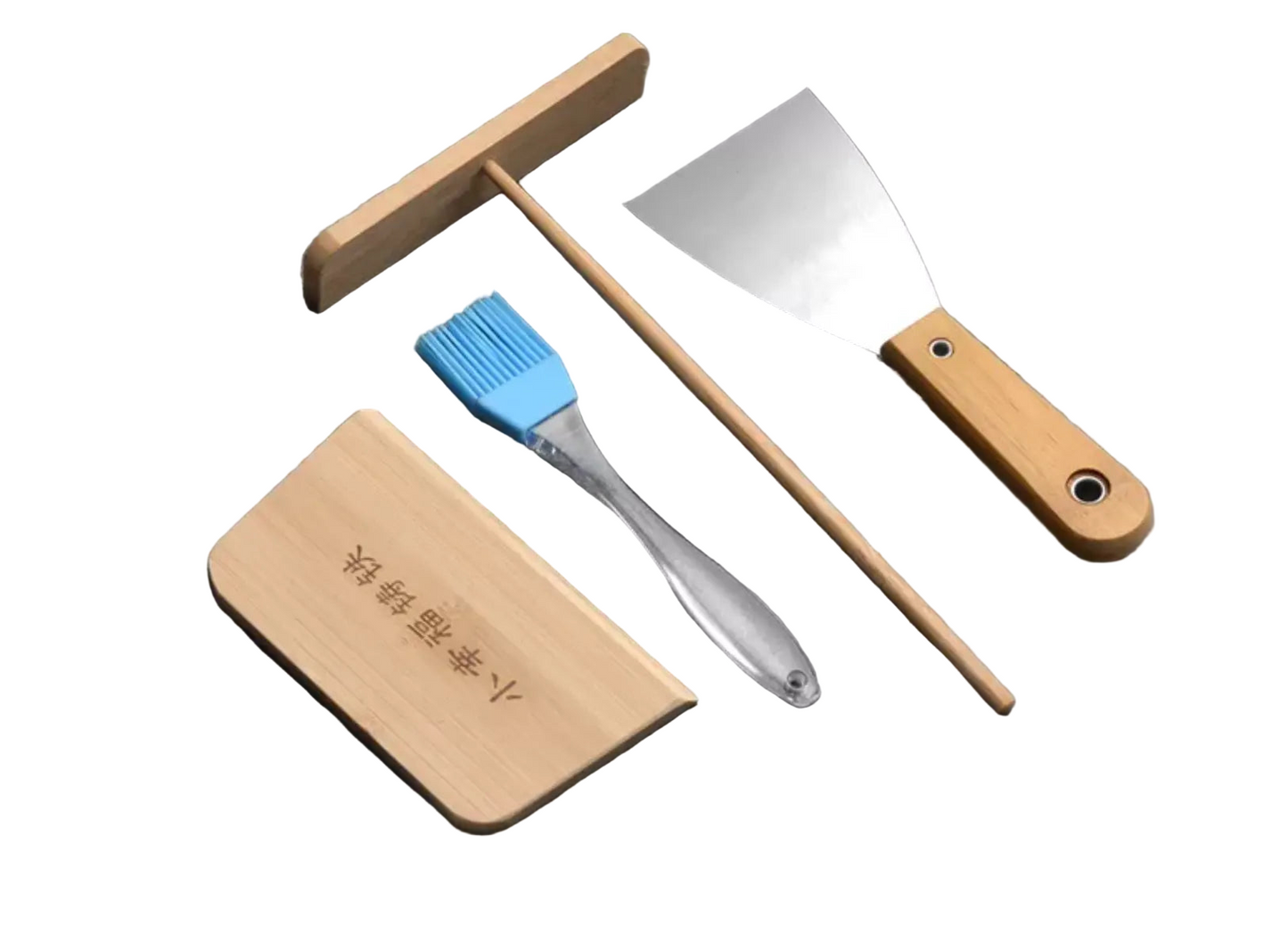 Set of barbecue tools including a brush, spatula, and cutting board on a white background