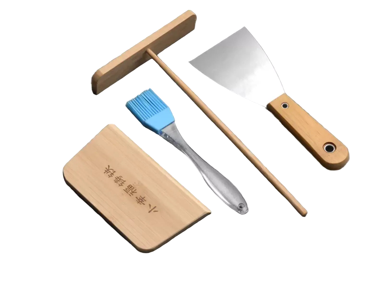 Set of barbecue tools including a brush, spatula, and cutting board on a white background