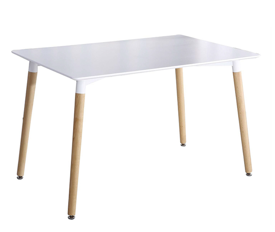 A modern square dining table with a white laminate tabletop and light wood legs, against a white background.