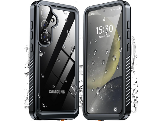 Samsung phone case with water droplets on a white background