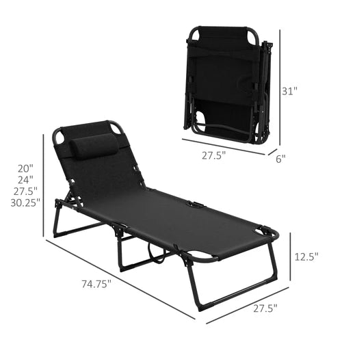 Black folding lounge chair with dimensions on a white background