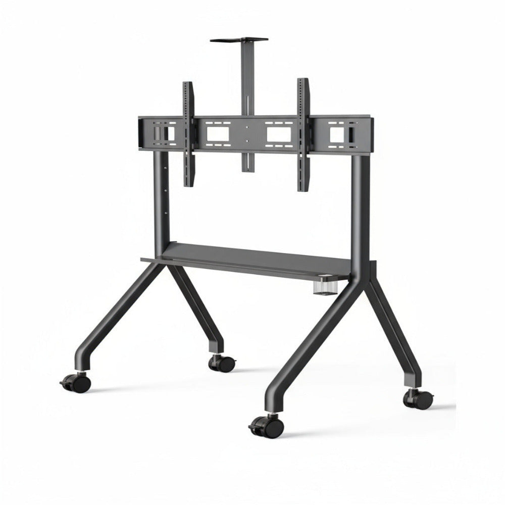 Black adjustable TV stand with wheels on a white background