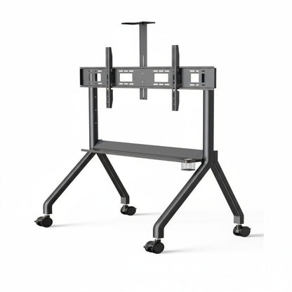Black adjustable TV stand with wheels on a white background
