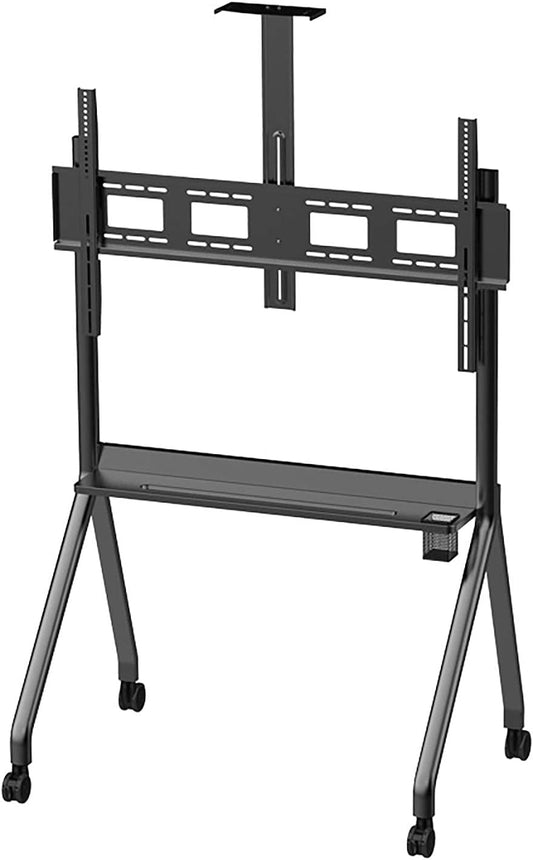 Black adjustable TV stand with mounting bracket on a white background