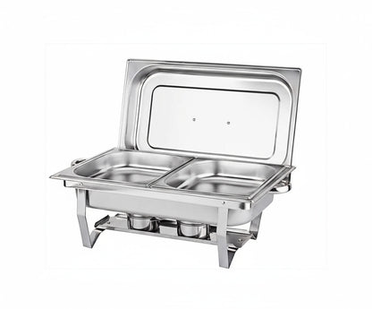 Stainless steel hot food tray with cover on a white background