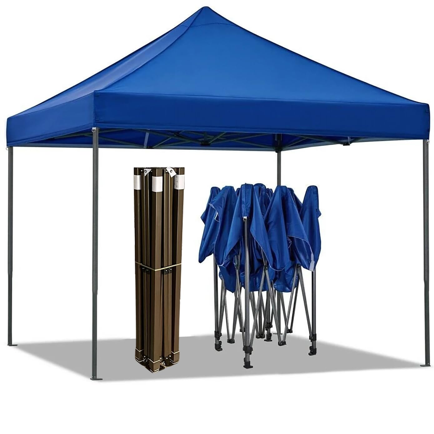 Blue pop-up canopy tent with folded chairs and a ladder on a white background