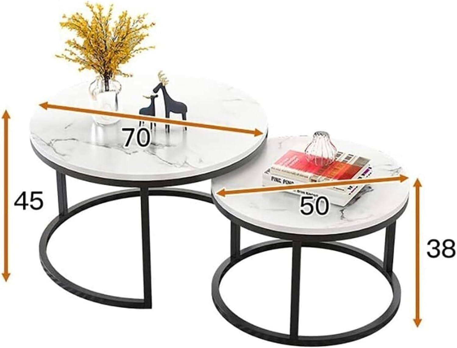 Set of two round coffee tables with measurements indicated on a white background