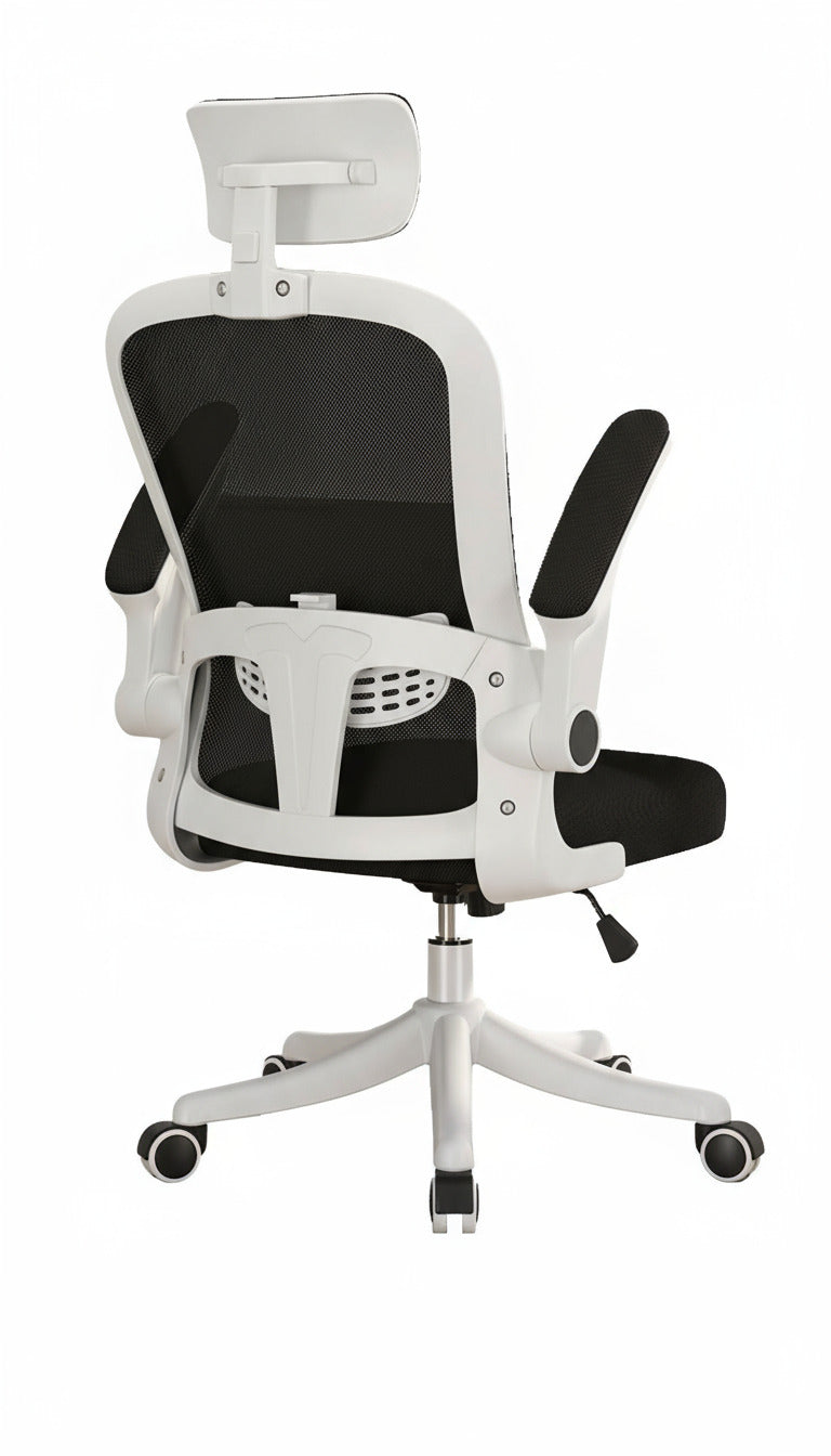 Black and white office chair with mesh back on a white background
