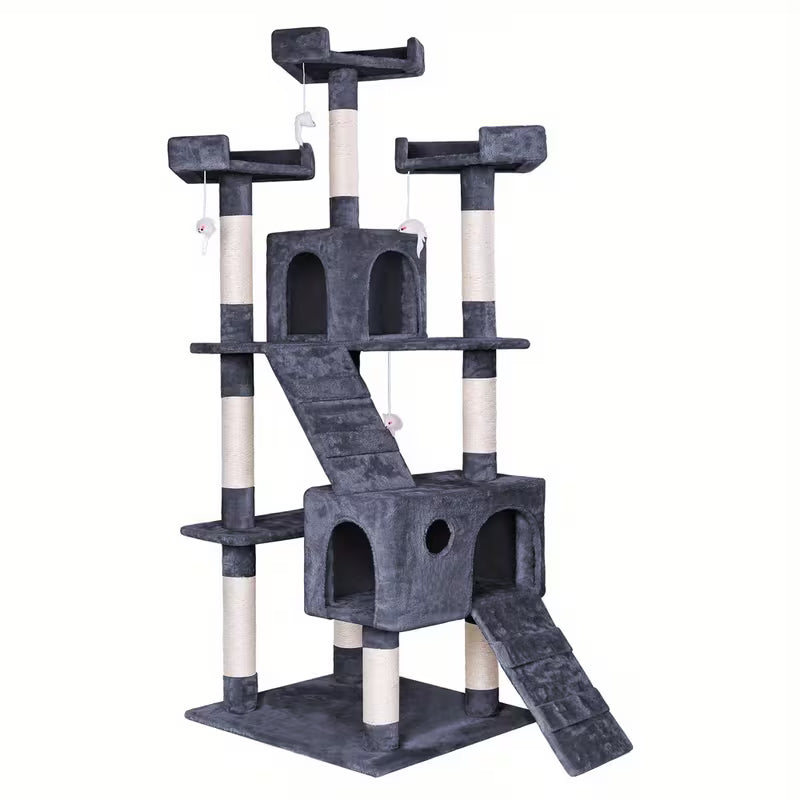 Cat tree with multiple levels, platforms, and a slide on a white background