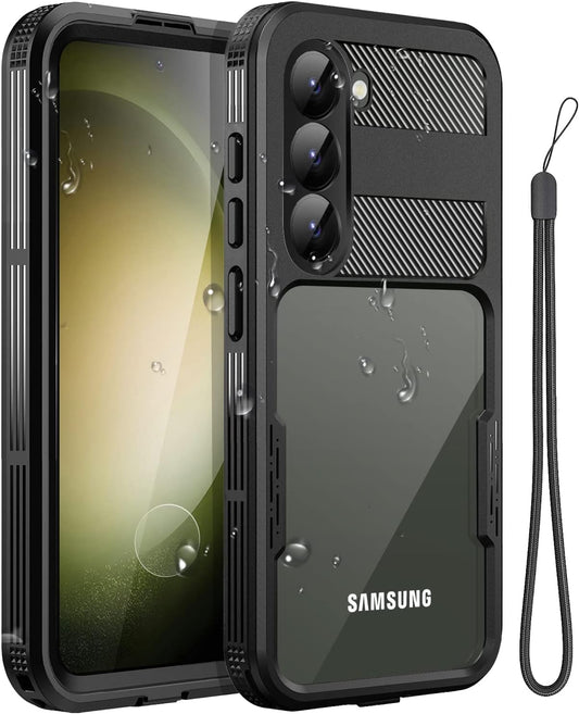 A black waterproof case for Samsung Galaxy S23 with a visible camera cutout, buttons, and a lanyard.