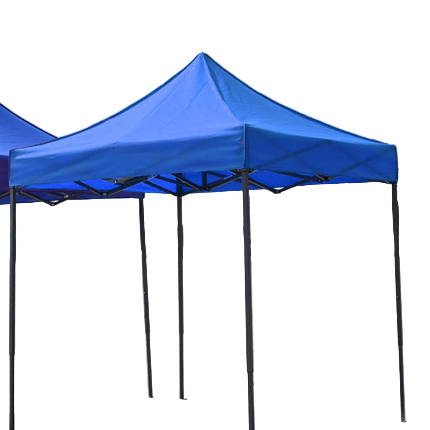 Blue outdoor canopy tent set up on a paved area with buildings in the background