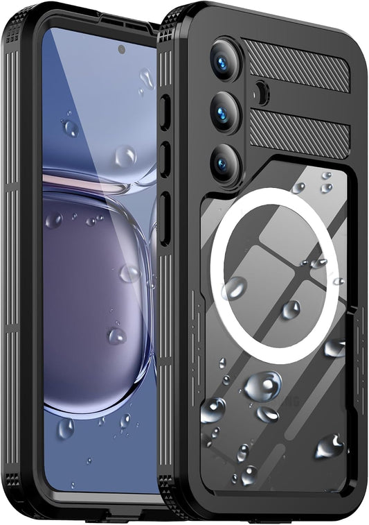 Black rugged protective phone case shown from the front and back, with a large white MagSafe ring on the back, water droplet graphics, and a camera cutout area.