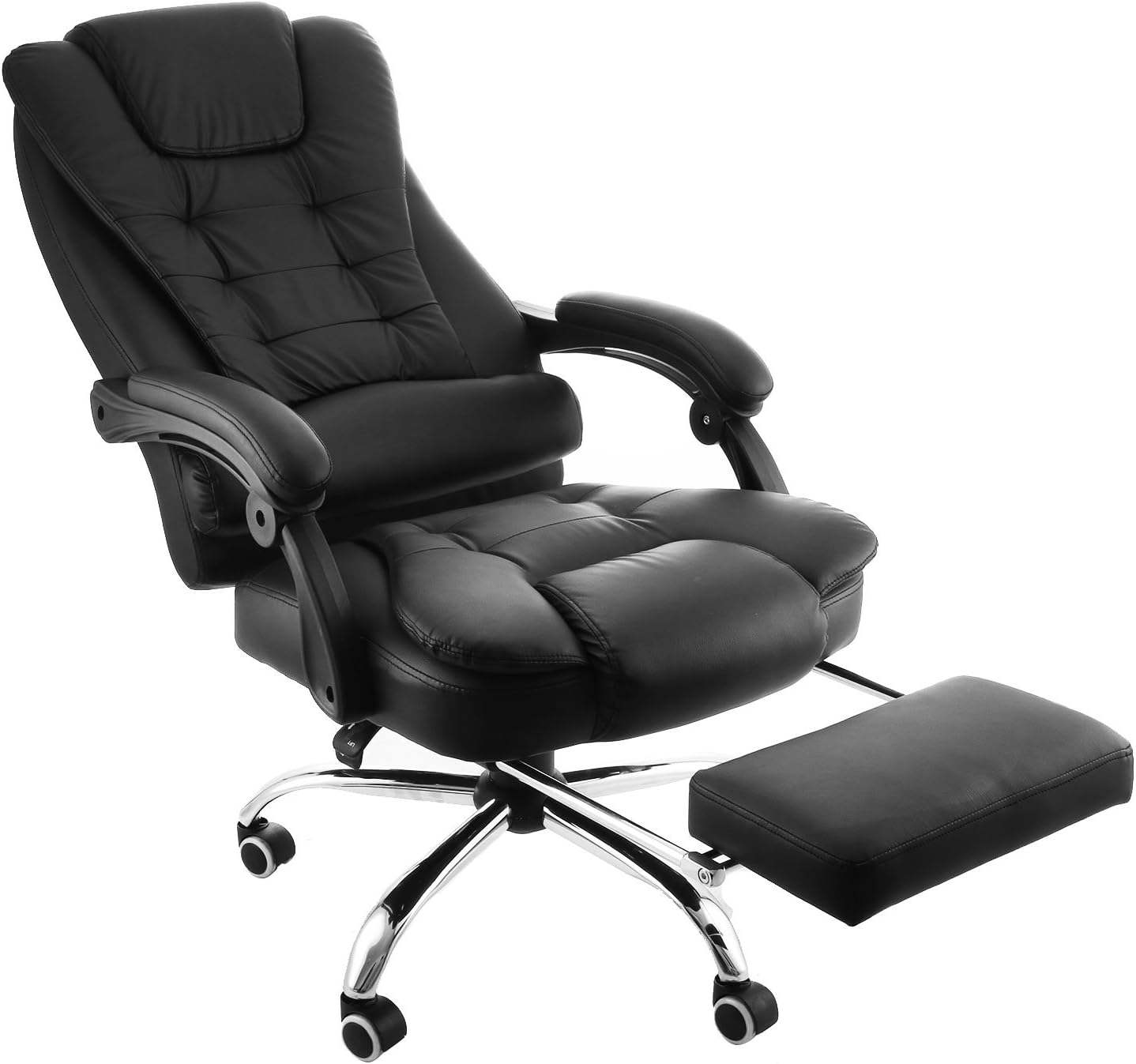 Black leather executive office chair with footrest, padded seat, and adjustable height, featuring a five-wheel base and armrests.