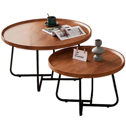 Wooden coffee table set with a magazine, mug, and small vase on a white background