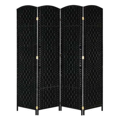 Black woven room divider with gold accents on a white background