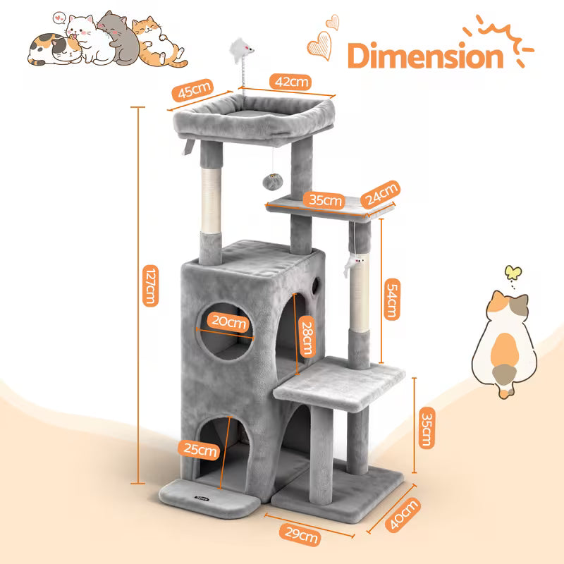 Cat tree with dimensions labeled on a beige background