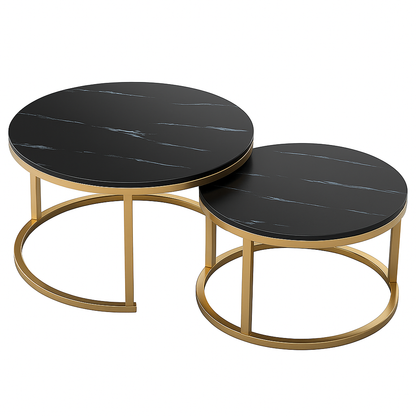 Set of two round coffee tables with black marble tops and gold metal bases on a white background