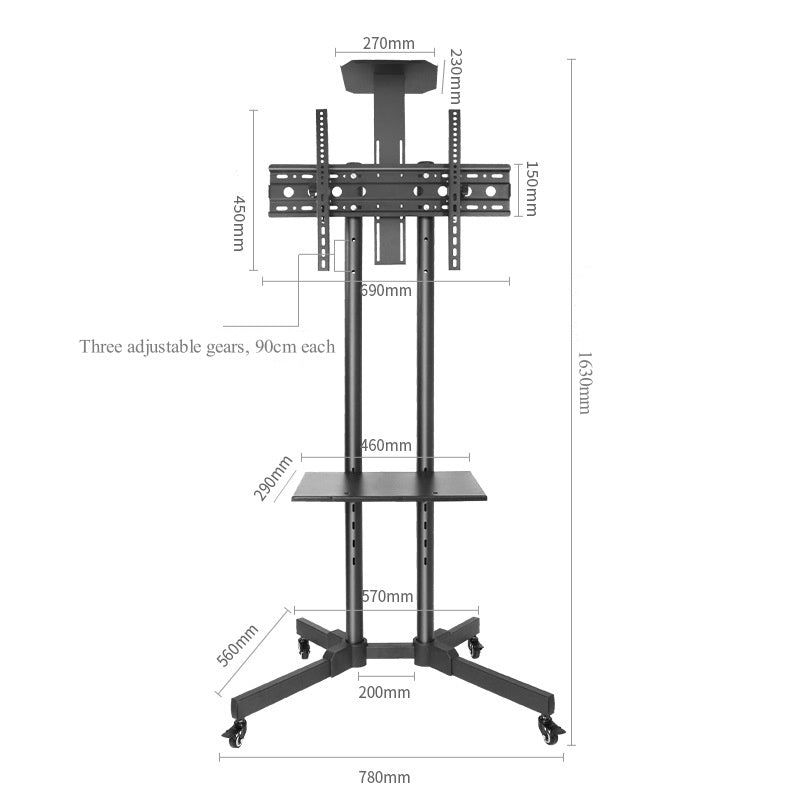 A black adjustable TV stand and monitor mount on wheels with overlaid dimension labels and measurements, shown on a plain white background.