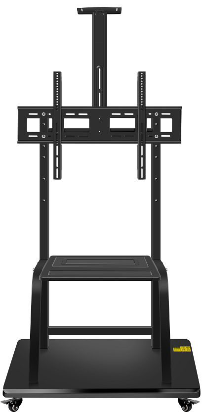 Black TV stand with adjustable bracket on a white background
