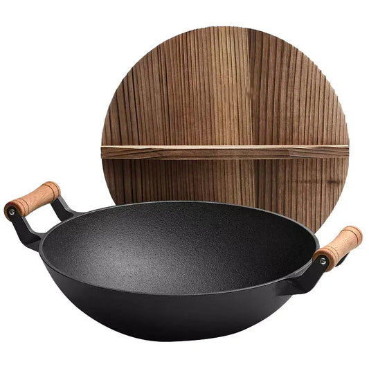 Cast Iron Wok Large With Wooden Handle Promo +  Relaxio.