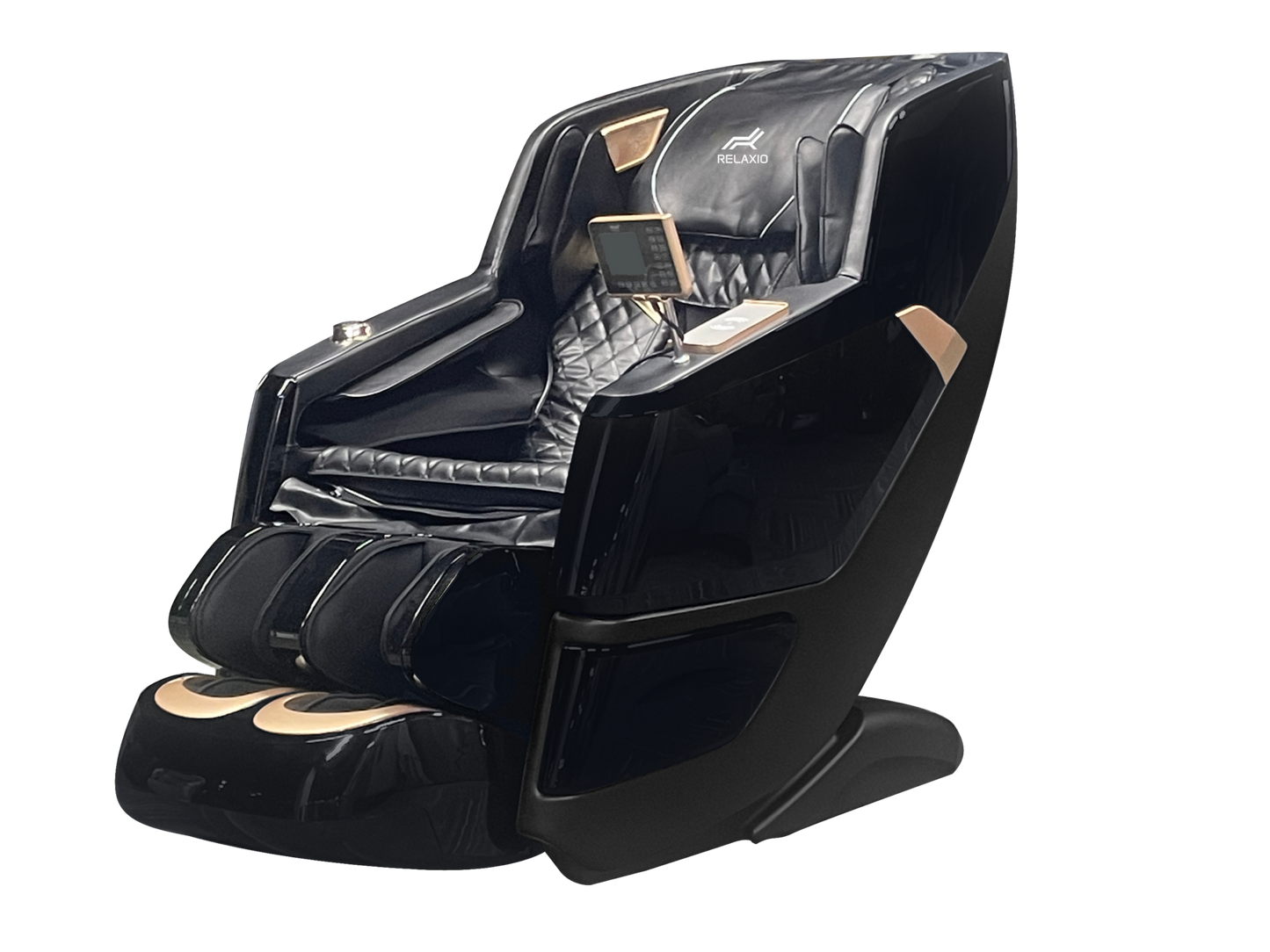 A modern recliner massage chair with a full body zero gravity design, featuring a white and beige color scheme with a remote control in hand.