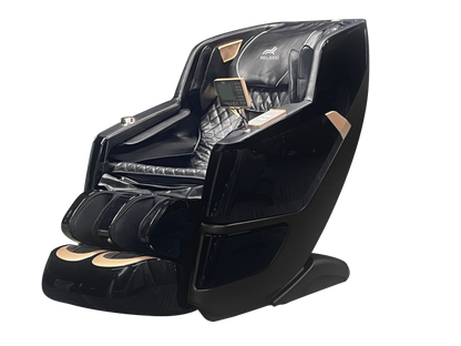 A modern recliner massage chair with a full body zero gravity design, featuring a white and beige color scheme with a remote control in hand.