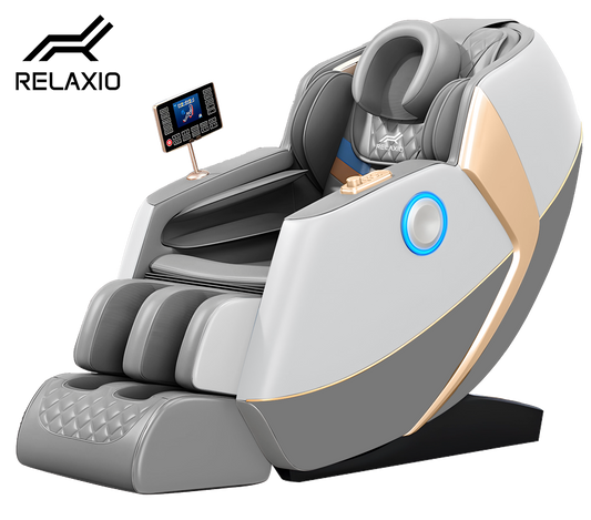 A modern recliner full body zero gravity massage chair with a white and gray color scheme, featuring a digital display and massage cushioning.