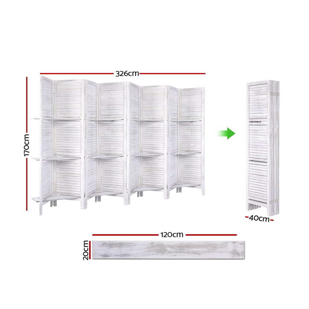 8 Panel Room Divider Screen 326x170cm Shelf White