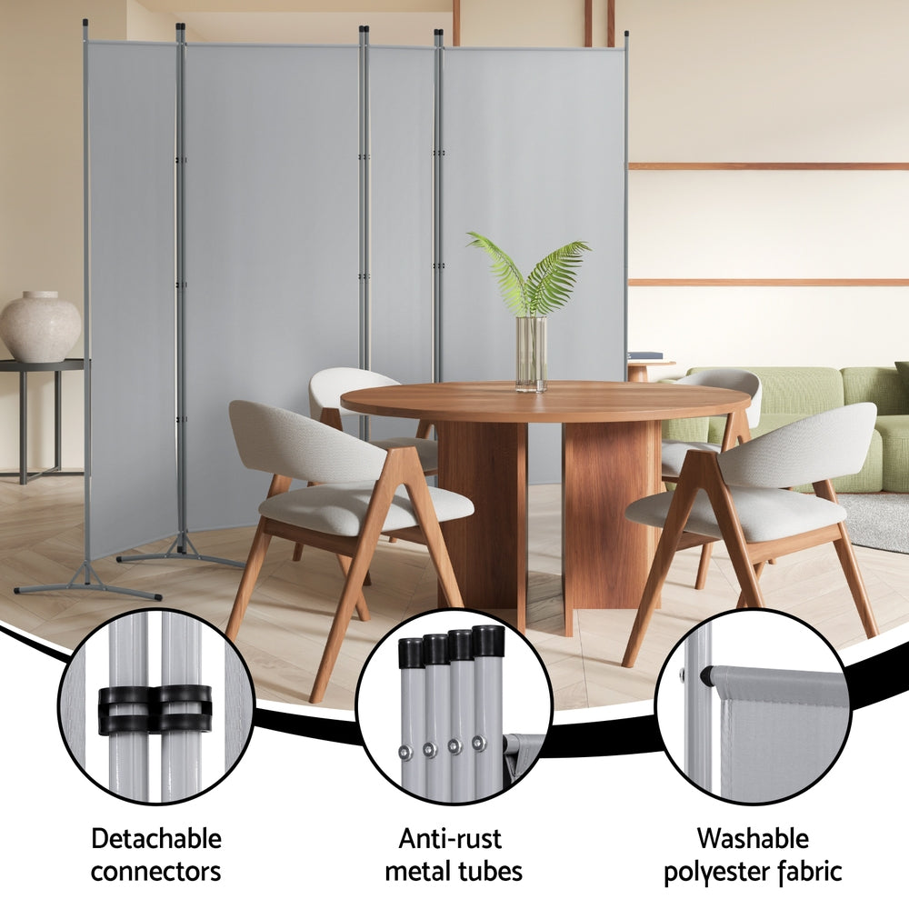 4 Panel Room Divider Screen 345x180cm Fabric Grey