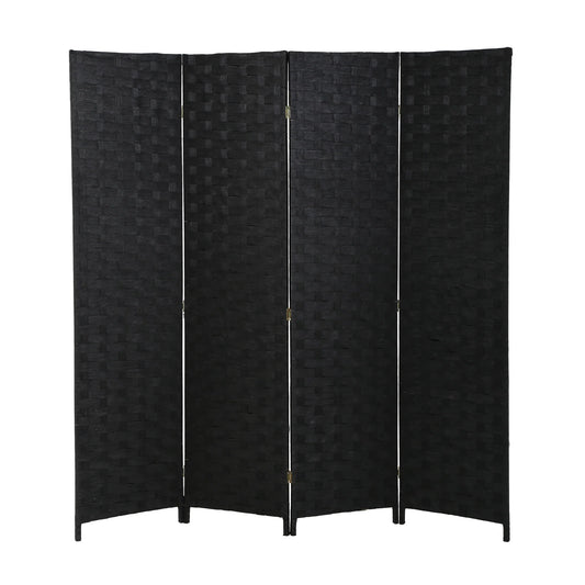Black four-panel room divider on a white background