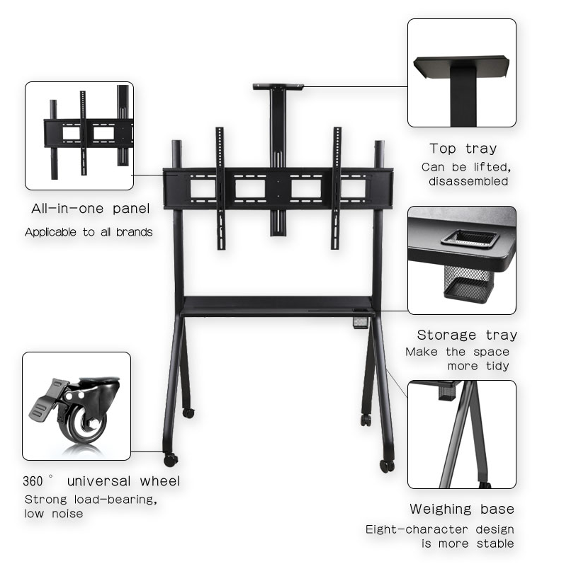 Black TV stand with features highlighted on a white background