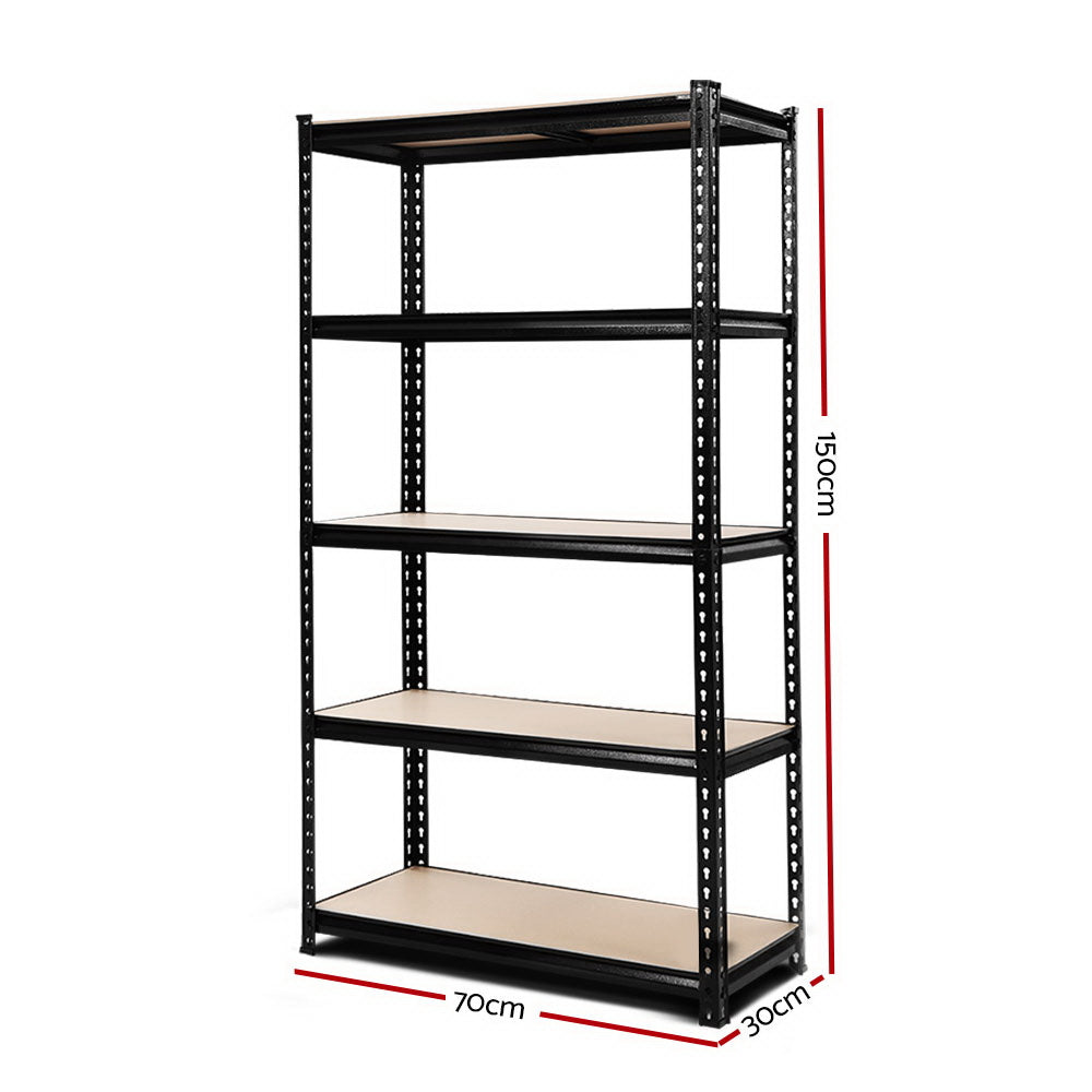 Black metal shelving unit with dimensions on a white background