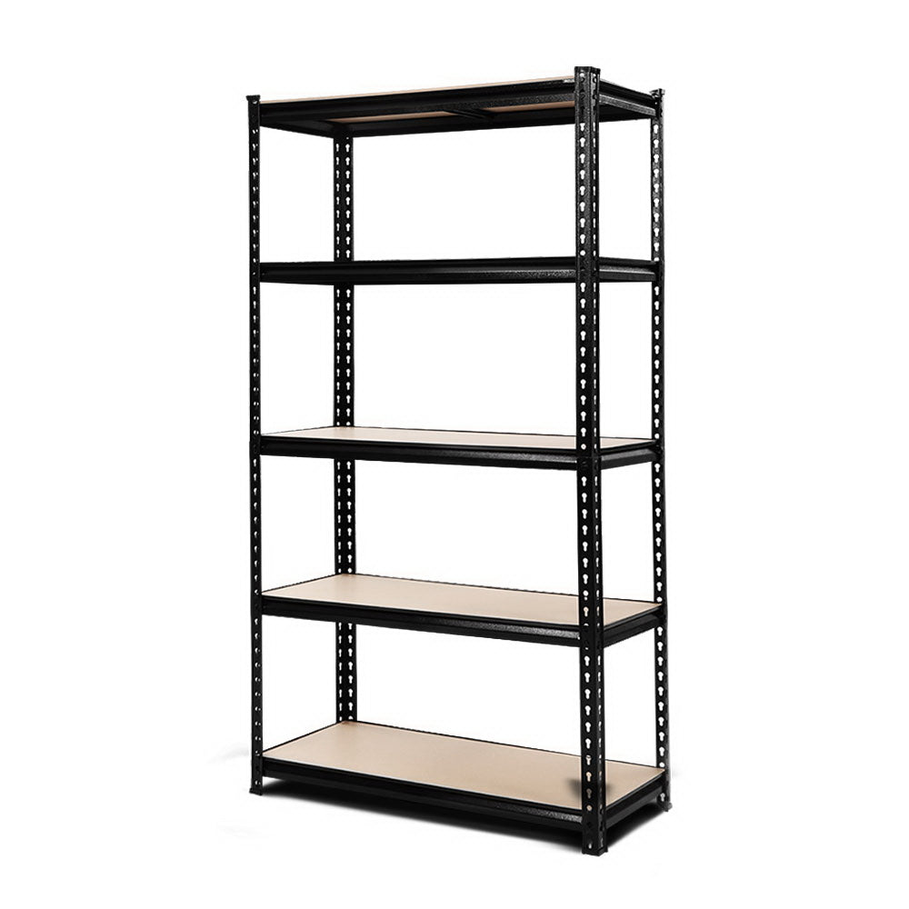 Black metal shelving unit with five shelves on a white background