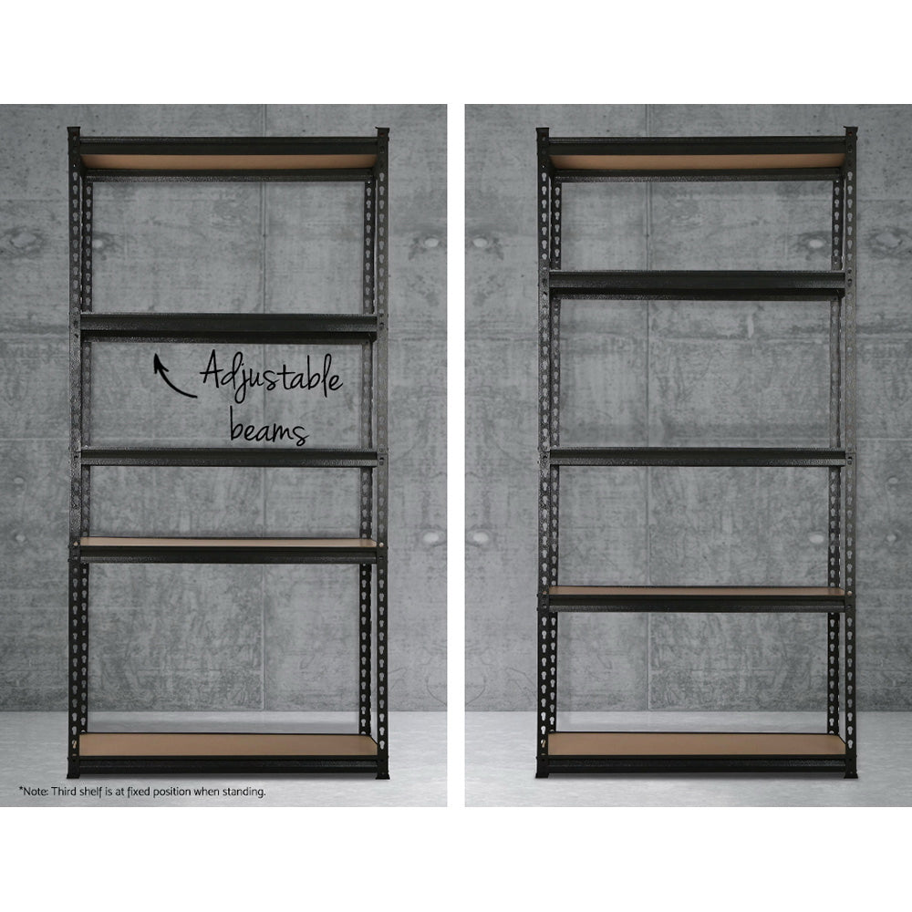 Two metal shelving units with adjustable beams on a gray background