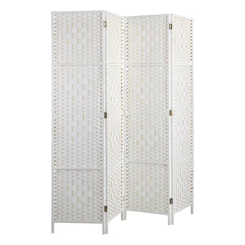 White woven room divider with gold accents on a white background