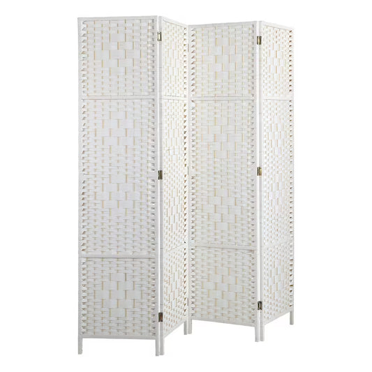 White woven room divider with gold accents on a white background