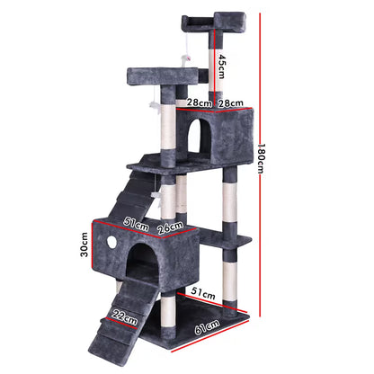 Cat tree with dimensions labeled on a white background