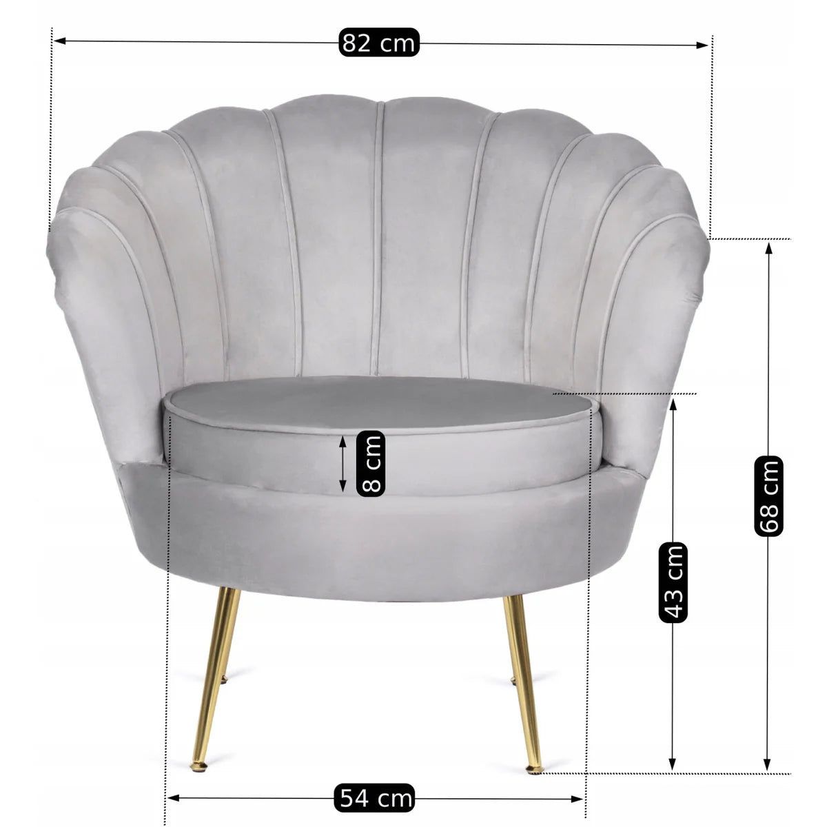 Gray armchair with gold legs and dimensions displayed on a white background